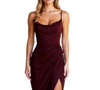Women's Satin Cowl Neck Slip Dress Sexy High Slit Bodycon Evening Gown Ruched Spaghetti Strap Cocktail Party Midi Dress for Wedding