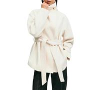 Womens Self Tie Wool Blend Wrap Coat High Collar Mid Length Winter Jacket (White,S)