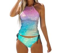 Women's Separate Color Gradient Star Print Swimsuit Tankini Set 2, Orange, S(Blue,L)