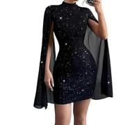 Women's Sequin Cloak Split Sleeve Elegant Mini Dress, Sexy High Neck Bodycon Sparkly Shiny Party Dresses (Black,M)
