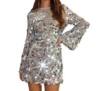 Women's Sequin Mini Dresses Women V Neck Tunic Cocktail Dress A-Line Swing Bodycon Dress Elegant Homecoming Wrap Dresses with Ruffled Sleeves for Club Party S-XXXL