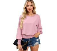 Women's Sequin Trim Long Sleeve Top Casual Crew Neck Loose Fit Blouse Sparkly Cuff and Hem Tunic Shirt for Party Club Daily Wear