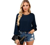 Women's Sequin Trim Long Sleeve Top Casual Crew Neck Loose Fit Blouse Sparkly Cuff and Hem Tunic Shirt for Party Club Daily Wear