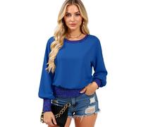 Women's Sequin Trim Long Sleeve Top Casual Crew Neck Loose Fit Blouse Sparkly Cuff and Hem Tunic Shirt for Party Club Daily Wear
