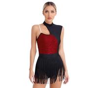 Womens Sequins Tassel Latin Dance Dress Cutout Front Sleeveless Fringed Leotard Competition Ballroom Samba Tango Costume(Wine Red,M)