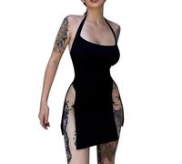 Womens Sexy Halter Backless Slit Mini Party Club Dress, Ladies Sexy Party Dresses, Spaghetti Straps, Open Back, High Slits, Figure-Flattering (Black,S)