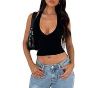 Women's Sexy Halter Crop Top Plunge V Neck Sleeveless Backless Tank Top Y2K Fashion Ribbed Knit Camisole for Summer Party Club Night out