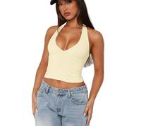 Women's Sexy Halter Crop Top Plunge V Neck Sleeveless Backless Tank Top Y2K Fashion Ribbed Knit Camisole for Summer Party Club Night out