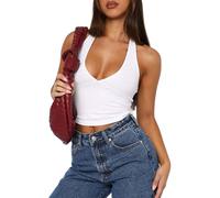 Women's Sexy Halter Crop Top Plunge V Neck Sleeveless Backless Tank Top Y2K Fashion Ribbed Knit Camisole for Summer Party Club Night out