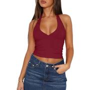 Women's Sexy Halter Crop Top Plunge V Neck Sleeveless Backless Tank Top Y2K Fashion Ribbed Knit Camisole for Summer Party Club Night out
