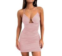 Women's Sexy Halter Neck Mini Dress Summer Ruched Bodycon Party Clubwear Sleeveless Deep V Neck Cutout Slim Fit Short Dress for Night out