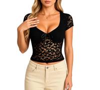 Womens Sexy Lace Top Short Sleeve Square Neck Sheer Blouse Slim Fit Floral Cropped T-Shirt Summer Casual Elegant Party Club Wear Black