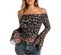 Women's Sexy Leopard Print Off Shoulder Top Long Sleeve Sheer Mesh Blouse Spring Summer Casual Party Crop Shirt Fashion Animal Print Flare Sleeve tee