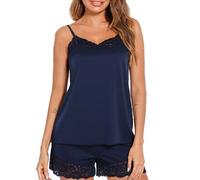 Women's Sexy Satin Pajama Set Lace Trim Camisole Top and Shorts Sleepwear Two Piece Loungewear Soft Silky Nightwear for Summer Bridal