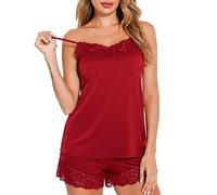 Women's Sexy Satin Pajama Set Lace Trim Camisole Top and Shorts Sleepwear Two Piece Loungewear Soft Silky Nightwear for Summer Bridal