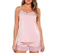 Women's Sexy Satin Pajama Set Lace Trim Camisole Top and Shorts Sleepwear Two Piece Loungewear Soft Silky Nightwear for Summer Bridal