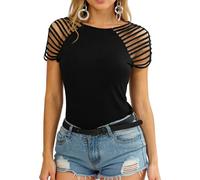 Women's Sexy Slim Fit Strappy Shoulder Cut out Top Fashion Casual Short Sleeve Round Neck T Shirt Black Summer Clubwear Blouse for Party