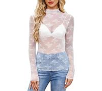 Women's Sheer Lace Long Sleeve Top Floral Embroidery Mesh Mock Neck Blouse Sexy See Through T Shirt Clubwear Party Outfit Casual Layering Piece