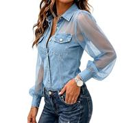 Women's Sheer Mesh Long Sleeve Denim Shirt, Button Down Denim Blouse with Puff Sleeves, Casual Fashion Top (Blue,XL)