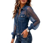 Women's Sheer Mesh Long Sleeve Denim Shirt, Button Down Denim Blouse with Puff Sleeves, Casual Fashion Top (Dark Blue,XXL)