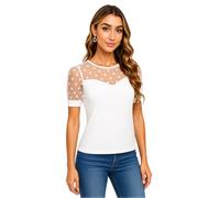 Women's Sheer Mesh Polka Dot Short Sleeve Top Casual Round Neck Blouse with Puff Sleeves Summer Fashion Solid Color Tunic tee for Ladies