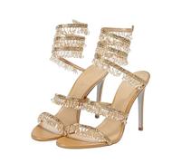 Women's Shimmering Crystals Summer Shoes Tassel Crystal Sexy Banquet Party Twin Stiletto Large Sandals(Red,35)