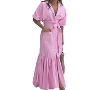 Womens Shirt Dress Striped Short Sleeve Button Down Tie Waist Maxi Dress Casual Elegant Dresses with Pockets (Pink,L)