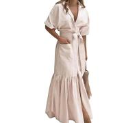 Womens Shirt Dress Striped Short Sleeve Button Down Tie Waist Maxi Dress Casual Elegant Dresses with Pockets (Khaki,XL)