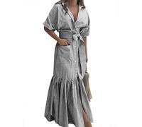 Womens Shirt Dress Striped Short Sleeve Button Down Tie Waist Maxi Dress Casual Elegant Dresses with Pockets (Black,XXL)