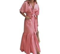 Womens Shirt Dress Striped Short Sleeve Button Down Tie Waist Maxi Dress Casual Elegant Dresses with Pockets (Deep Red,L)