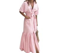 Womens Shirt Dress Striped Short Sleeve Button Down Tie Waist Maxi Dress Casual Elegant Dresses with Pockets (Red,XL)