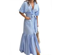 Womens Shirt Dress Striped Short Sleeve Button Down Tie Waist Maxi Dress Casual Elegant Dresses with Pockets (Blue,L)