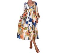 Womens Shirt Dress,Womens Loose Fit Casual Summer V Neck Long Sleeve Bohemian Flower Pattern Maxi Long Dresses Swing Casual Dress ESAD100