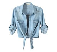 Womens Shirt Tie 3/4 Jean Denim Shirt Knot Crop Jacket Button Down Top Sleeve Casual Blouse Summer Going out Shirt Fashion Chic Blouse Clothes C-78