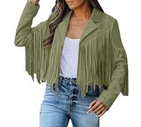 Women's Short Pure Color Fitted Suede Leather Classic Fringe Jacket for Autumn and Winter