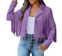 Women's Short Pure Color Fitted Suede Leather Classic Fringe Jacket for Autumn and Winter