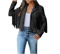 Women's Short Pure Color Fitted Suede Leather Classic Fringe Jacket for Autumn and Winter