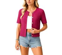 Women's Short Sleeve Cable Knit Cardigan Cropped Button Down Sweater Top Summer Casual Round Neck Bolero Jacket with Gold Buttons for Daily Wear