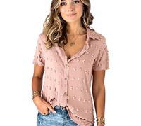 Women's Short Sleeve Chiffon Blouse Swiss Dot Texture V Neck Collared Shirt Casual Button Down Top Summer Fashion Loose Fit Tunic for Work Daily Wear