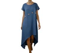 Women's Short Sleeve Irregular Hem Dress Short Sleeve Crewneck Trendy Flowy Loose T Shirt Dress with Button Decor (Blue,XXL)