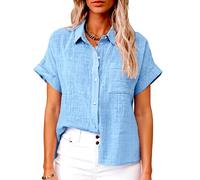 Women's Short Sleeve Linen Shirt Casual Button Down Blouse Loose Fit Solid Color Summer Tops Beach Vacation Outfits Lightweight Breathable Cotton Top