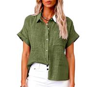 Women's Short Sleeve Linen Shirt Casual Button Down Blouse Loose Fit Solid Color Summer Tops Beach Vacation Outfits Lightweight Breathable Cotton Top
