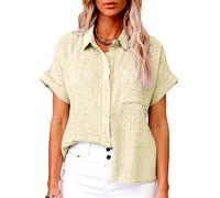 Women's Short Sleeve Linen Shirt Casual Button Down Blouse Loose Fit Solid Color Summer Tops Beach Vacation Outfits Lightweight Breathable Cotton Top