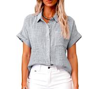 Women's Short Sleeve Linen Shirt Casual Button Down Blouse Loose Fit Solid Color Summer Tops Beach Vacation Outfits Lightweight Breathable Cotton Top