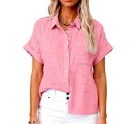 Women's Short Sleeve Linen Shirt Casual Button Down Blouse Loose Fit Solid Color Summer Tops Beach Vacation Outfits Lightweight Breathable Cotton Top