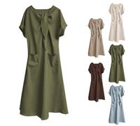Women's Short Sleeve Maxi Dress with Bow Tie Neck Solid Color Casual Summer Beach Vacation Dress with Pockets (Green,M)
