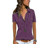 Womens Short Sleeve Shirts V Neck Collared Button Down Shirt Tops with Pockets