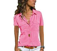 Womens Short Sleeve Shirts V Neck Collared Button Down Shirt Tops with Pockets