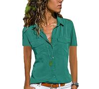 Womens Short Sleeve Shirts V Neck Collared Button Down Shirt Tops with Pockets