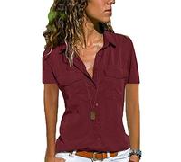 Womens Short Sleeve Shirts V Neck Collared Button Down Shirt Tops with Pockets